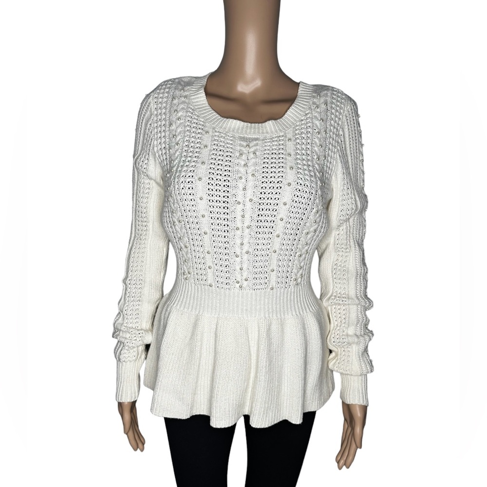 Maison Jules women off white pearl embroidered knit long sleeve sweater size S